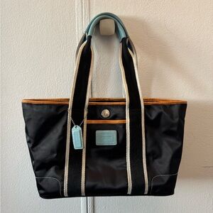 Coach Hamptons Black and Light Blue Canvas Tote Bag